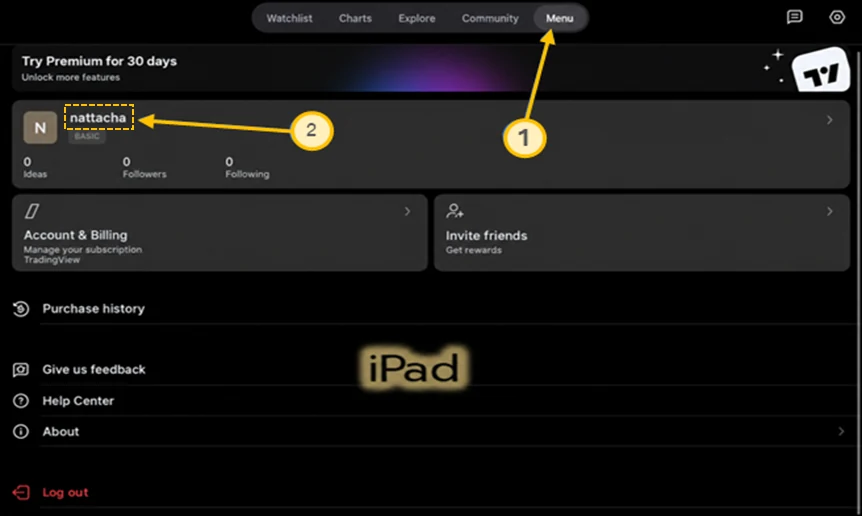 How to find TradingView username on iPad