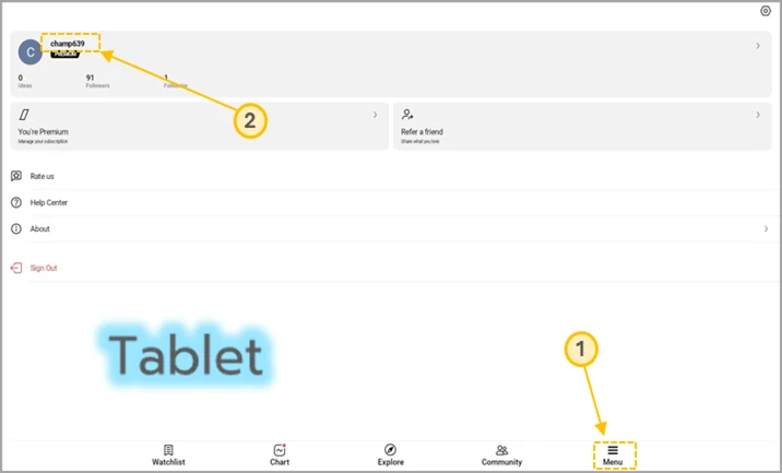 How to find TradingView username on Tablet